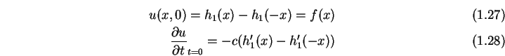 \begin{eqnarray}u(x,0)= h_1(x)-h_1(-x)=f(x)\\
\frac{\partial u}{\partial t}_{t=0} = -c(h_1'(x)-h_1'(-x))
\end{eqnarray}